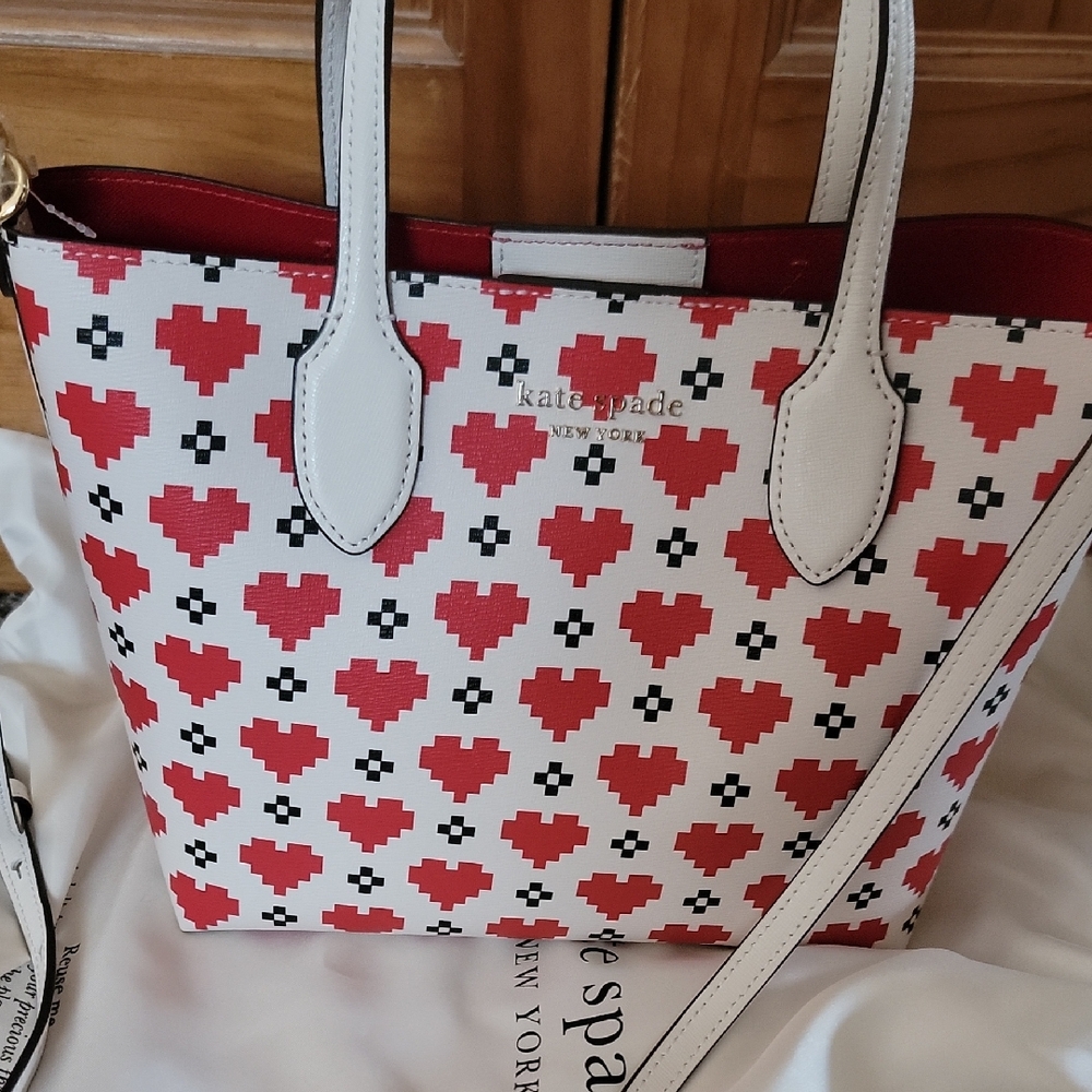 Kate Spade Red and White Pixel Heart Tote